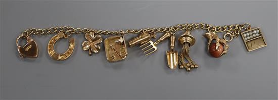 A 9ct gold charm bracelet, hung with nine assorted charms including basin and abacus.